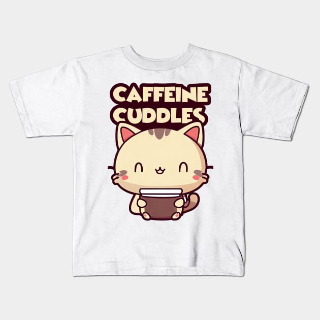 Caffeine & Cuddles - Cat Drinking Coffee Kids T-Shirt by Patternora